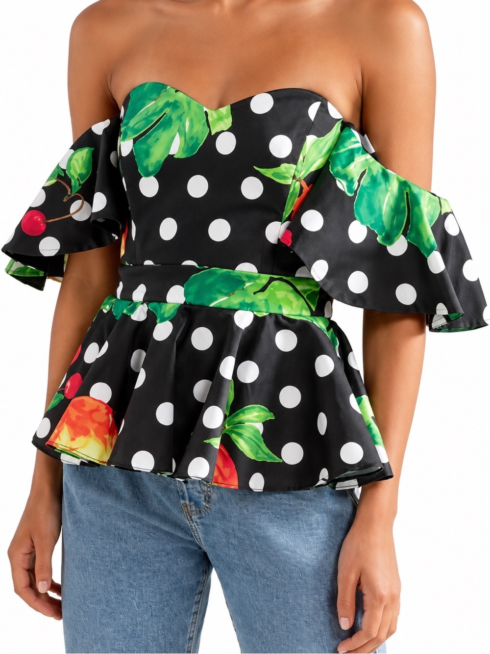 Caroline Constas Off-Shoulder Polka Dot Fruit Print Peplum Top – XS